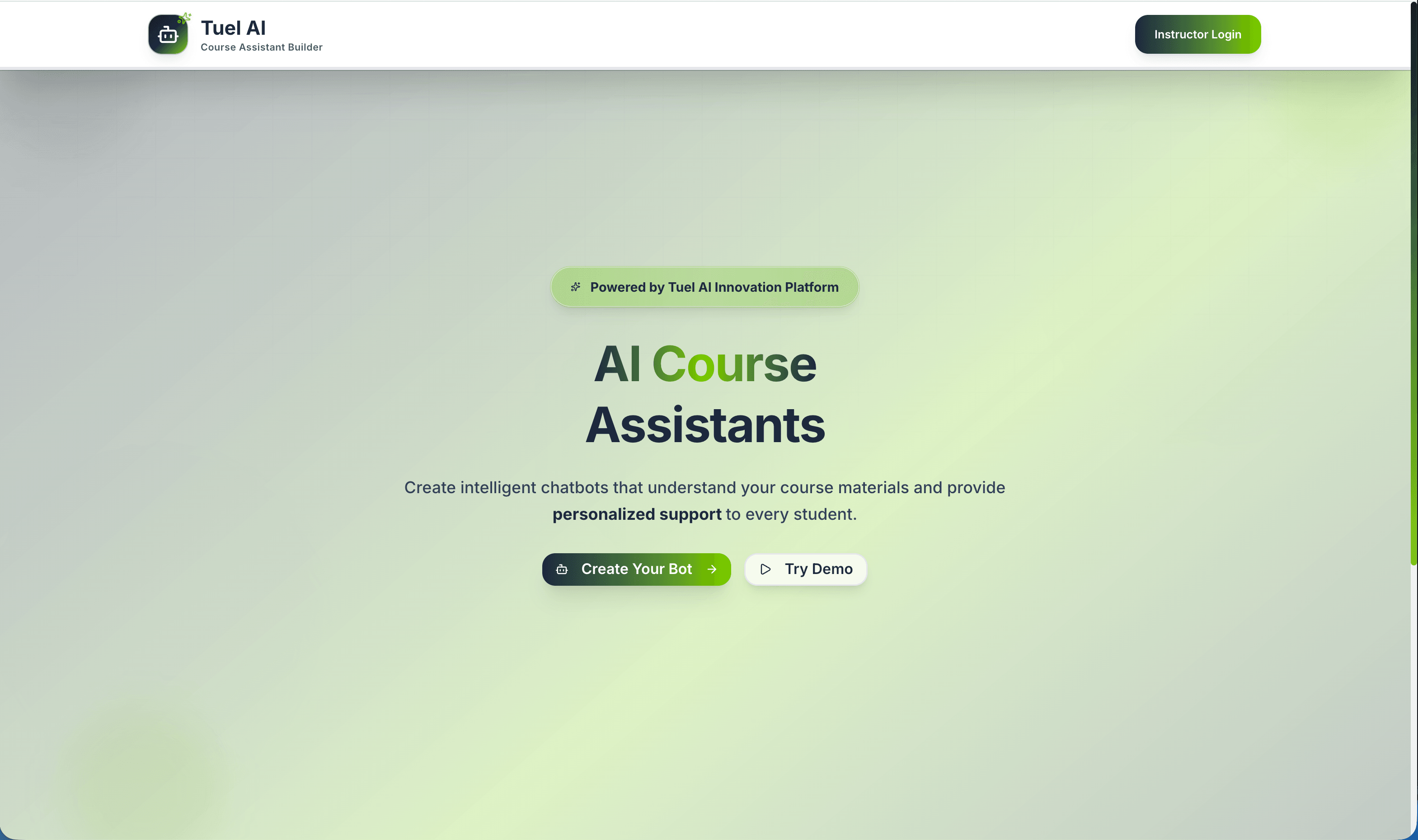 Tuel AI Chatbot Builder landing page showing platform overview with multi-provider AI support, RAG implementation, and Azure architecture highlights