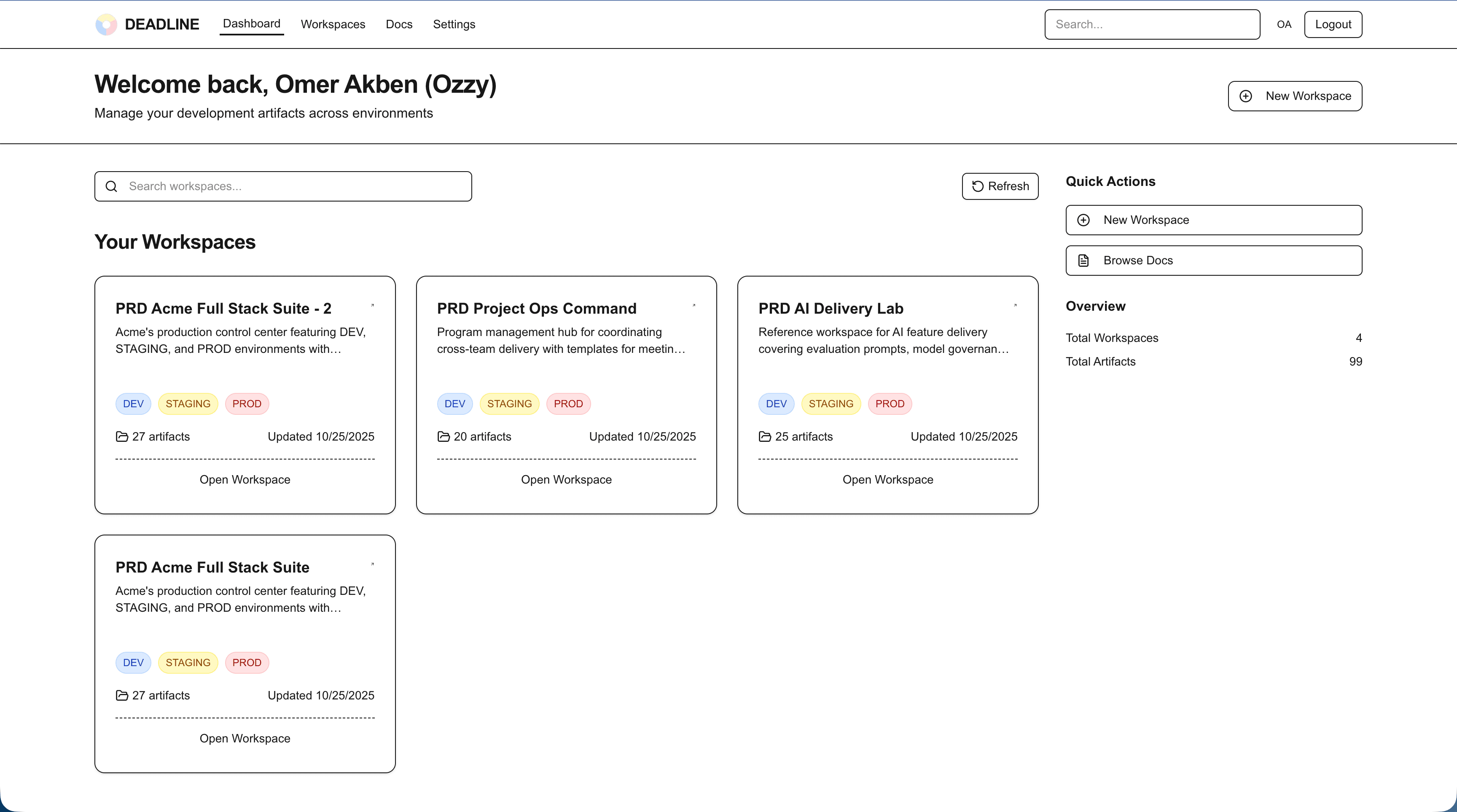 DEADLINE dashboard showing workspace overview with artifact counts, environment filters, and recent activity feed