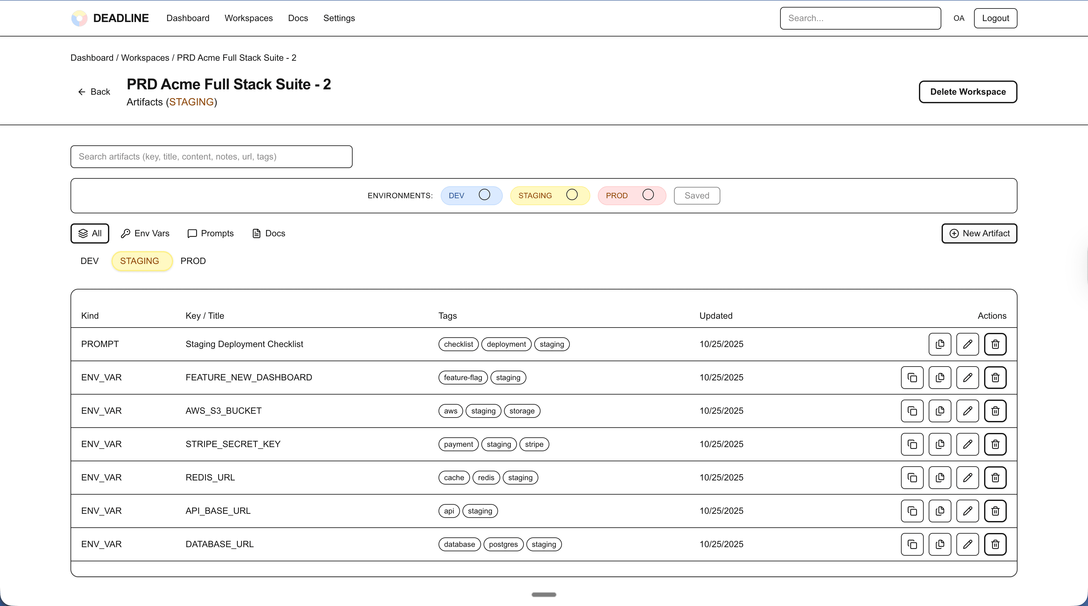 DEADLINE workspace interface displaying polymorphic artifacts (ENV_VAR, PROMPT, DOC_LINK) with environment scoping, tags, and reveal tracking