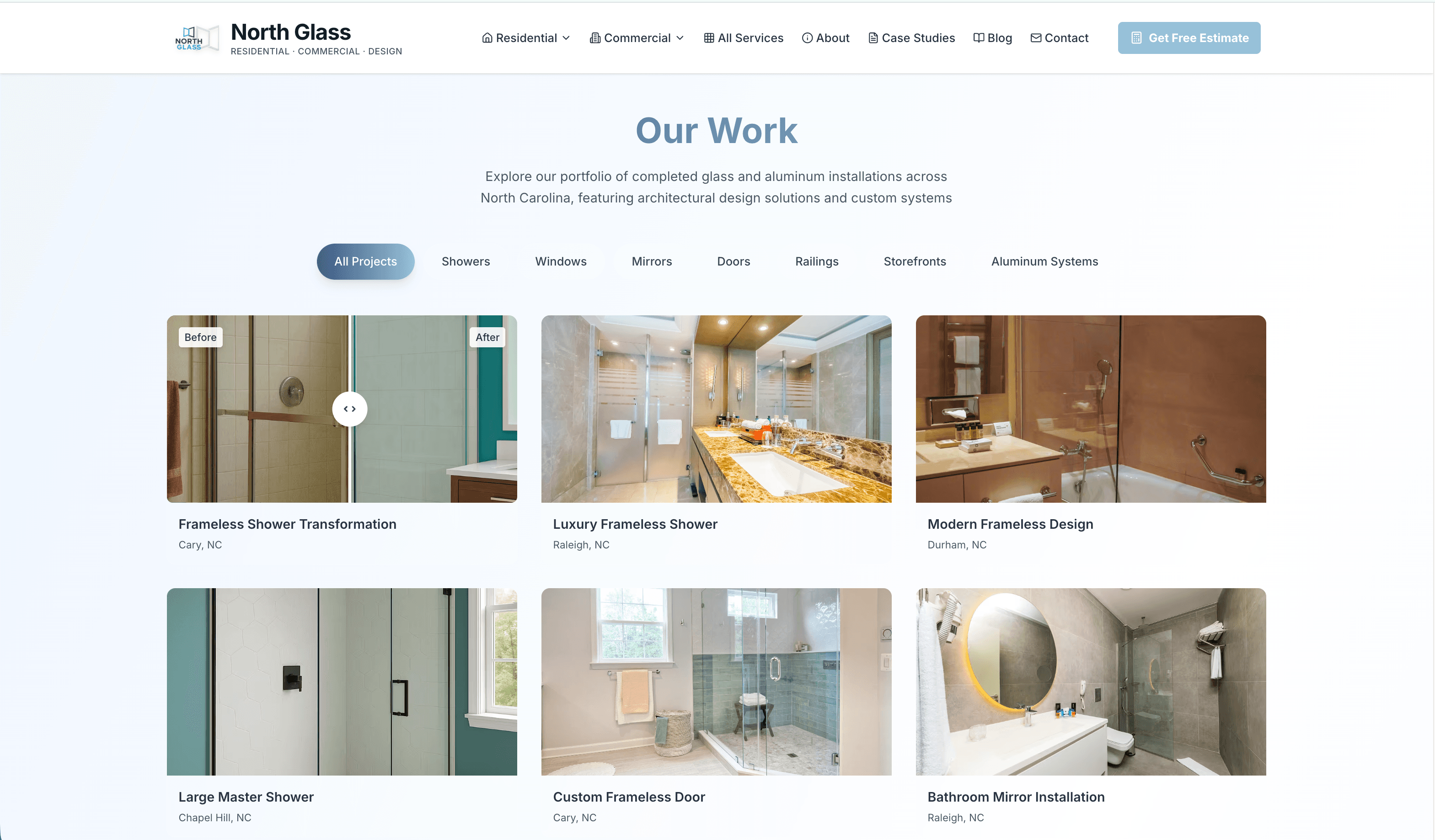 North Glass custom before/after component showcasing glass installation comparison with interactive slider