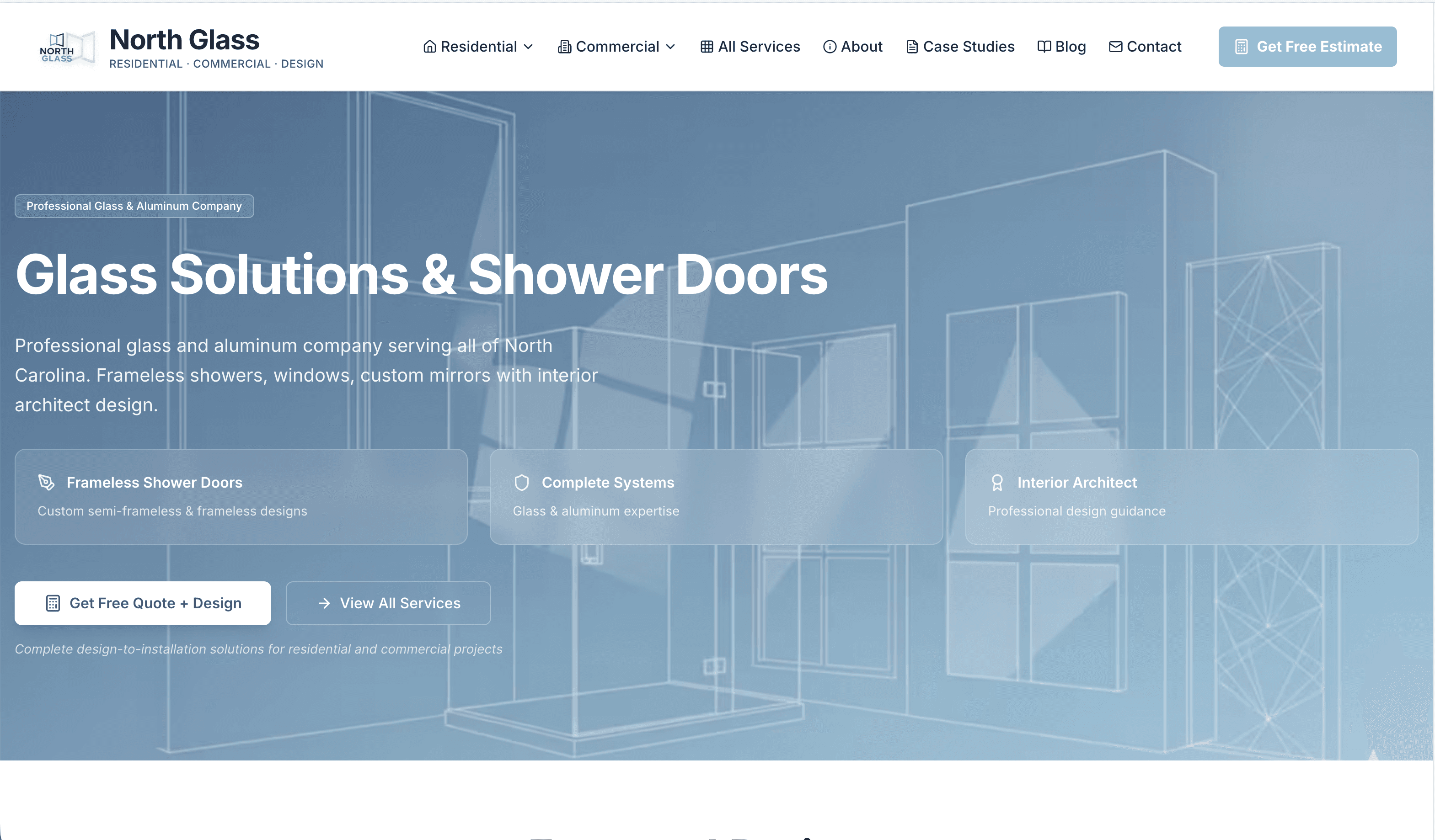 North Glass LLC homepage showcasing modern landing page design with hero section and service overview