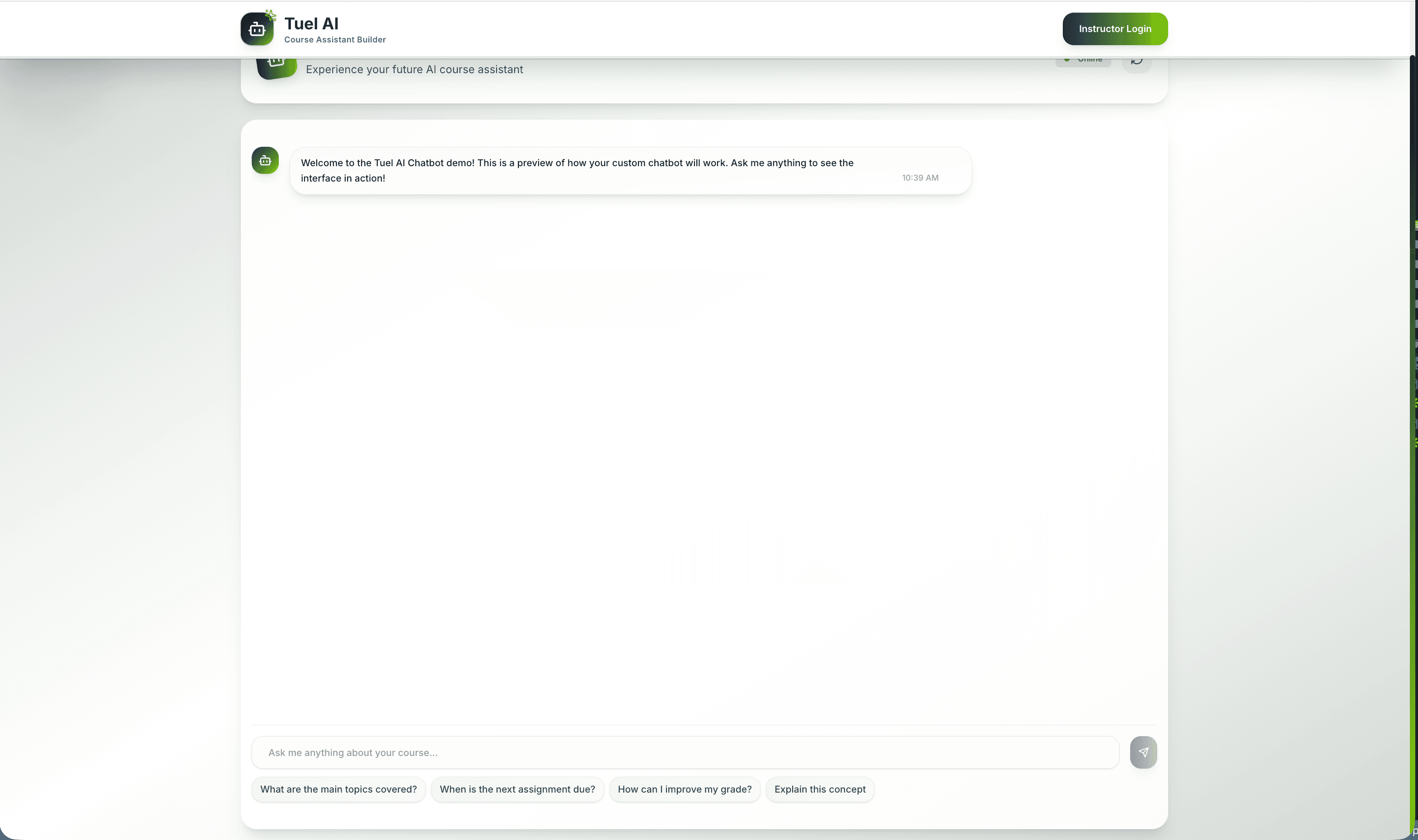 Tuel AI Chatbot conversation interface showing real-time streaming responses, file upload capabilities, and multi-turn dialogue with RAG-powered context