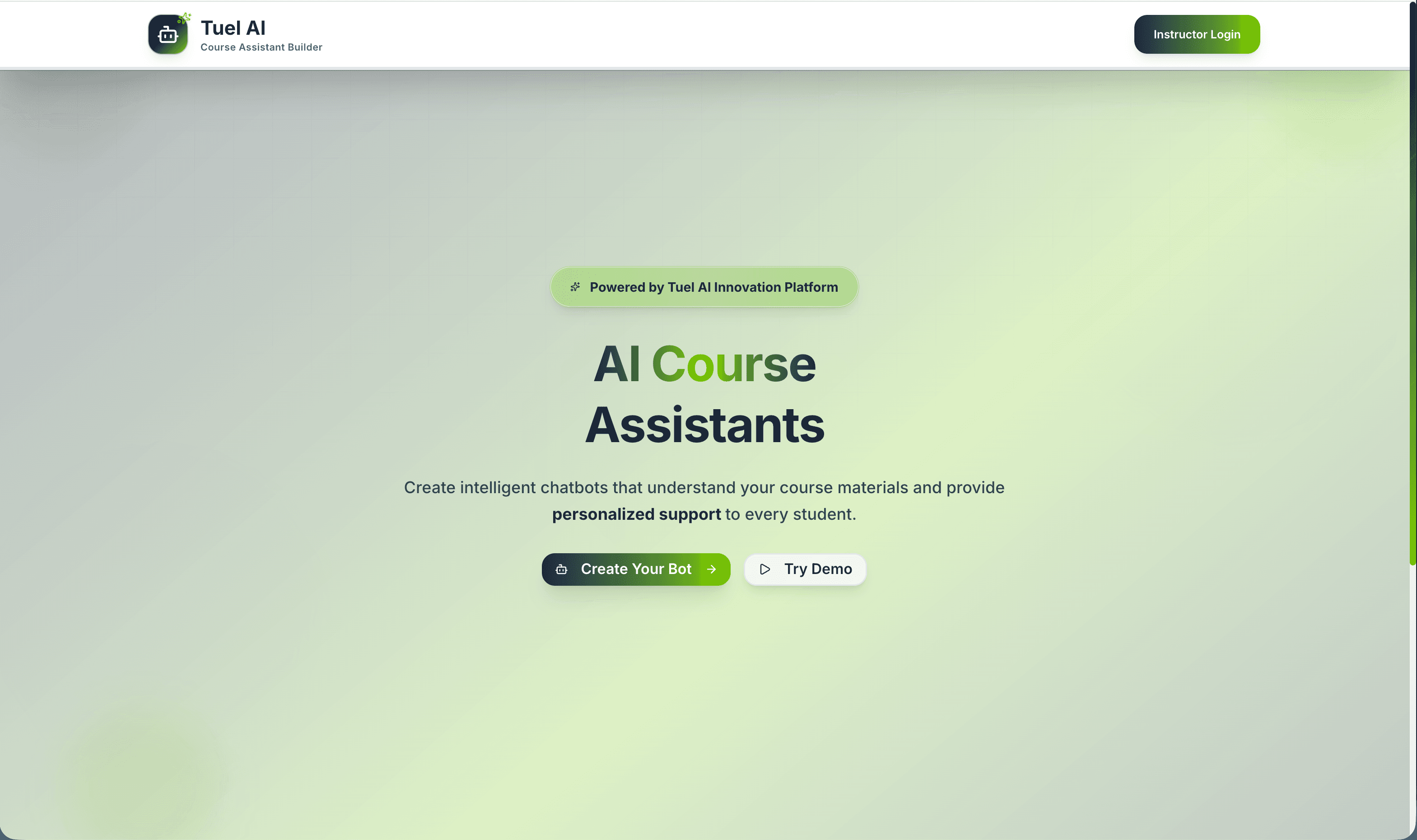Tuel AI Chatbot Builder landing page showing platform overview with multi-provider AI support, RAG implementation, and Azure architecture highlights